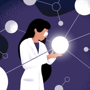 Female scientist looking at a molecule