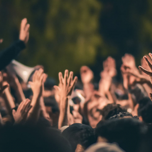 A crowd with their hands in the air